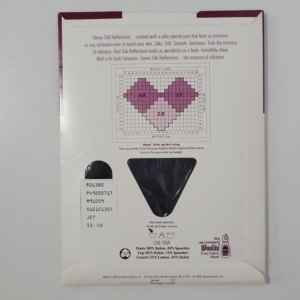 Vtg 1989 Hanes Silk Reflections Pantyhose size CD Silky Control Top Jet #717